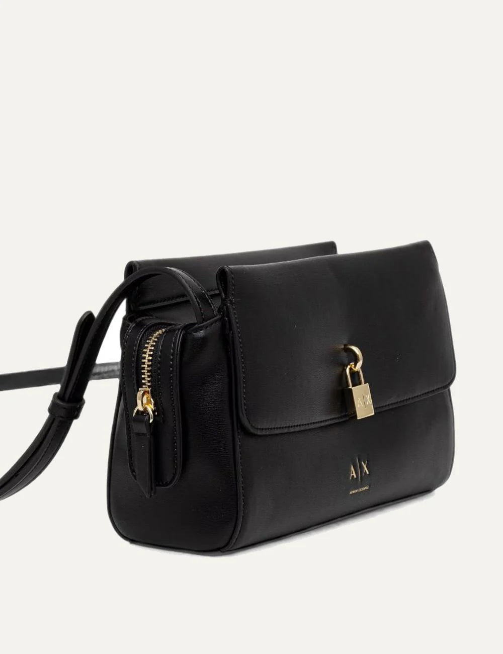 Women's Armani Exchange black shoulder bag with foldover flap, gold-tone padlock detail, front logo and adjustable shoulder strap side