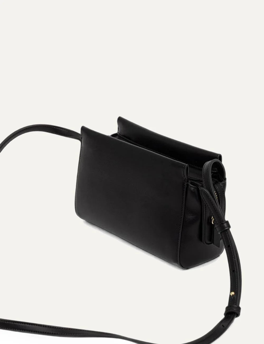 Women's Armani Exchange black shoulder bag with foldover flap, gold-tone padlock detail, front logo and adjustable shoulder strap back
