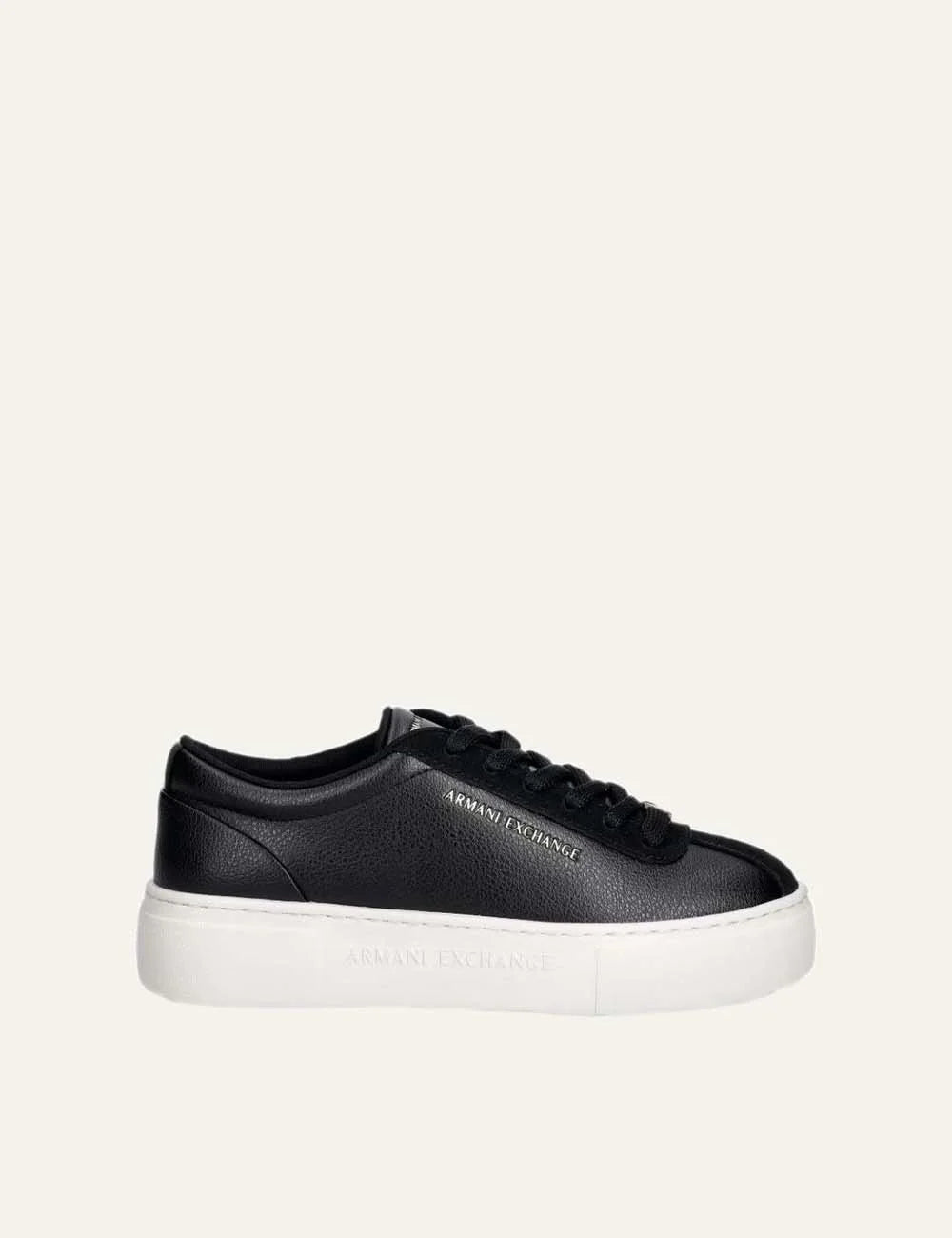 Women's Armani Exchange black sneakers with pebbled polyurethane upper, suede details, side logo lettering, lace-up closure and chunky white rubber sole