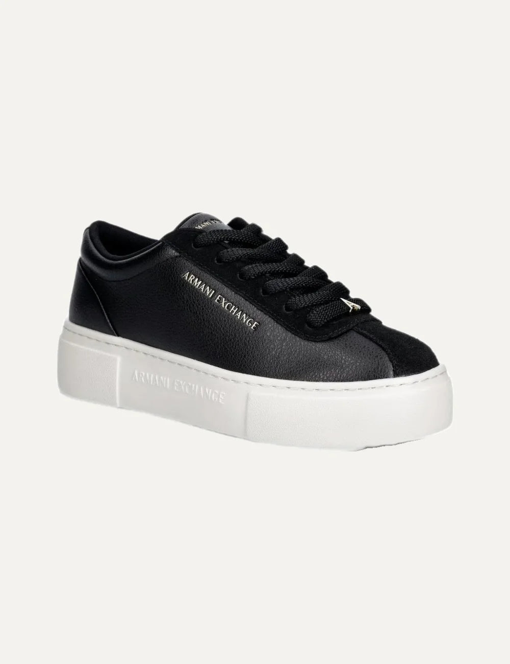 Women's Armani Exchange black sneakers with pebbled polyurethane upper, suede details, side logo lettering, lace-up closure and chunky white rubber sole prodile