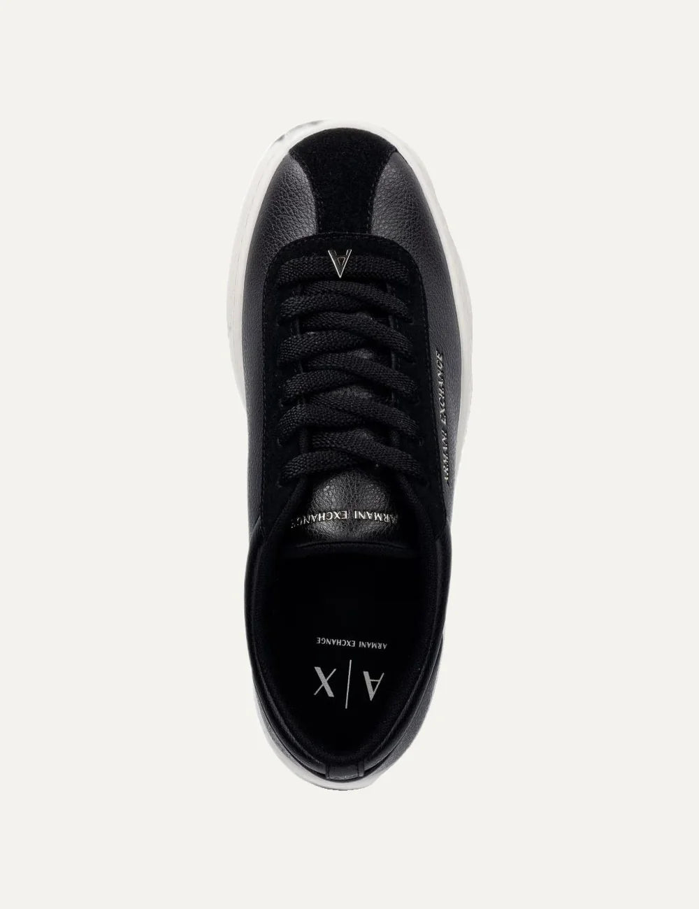 Women's Armani Exchange black sneakers with pebbled polyurethane upper, suede details, side logo lettering, lace-up closure and chunky white rubber sole top