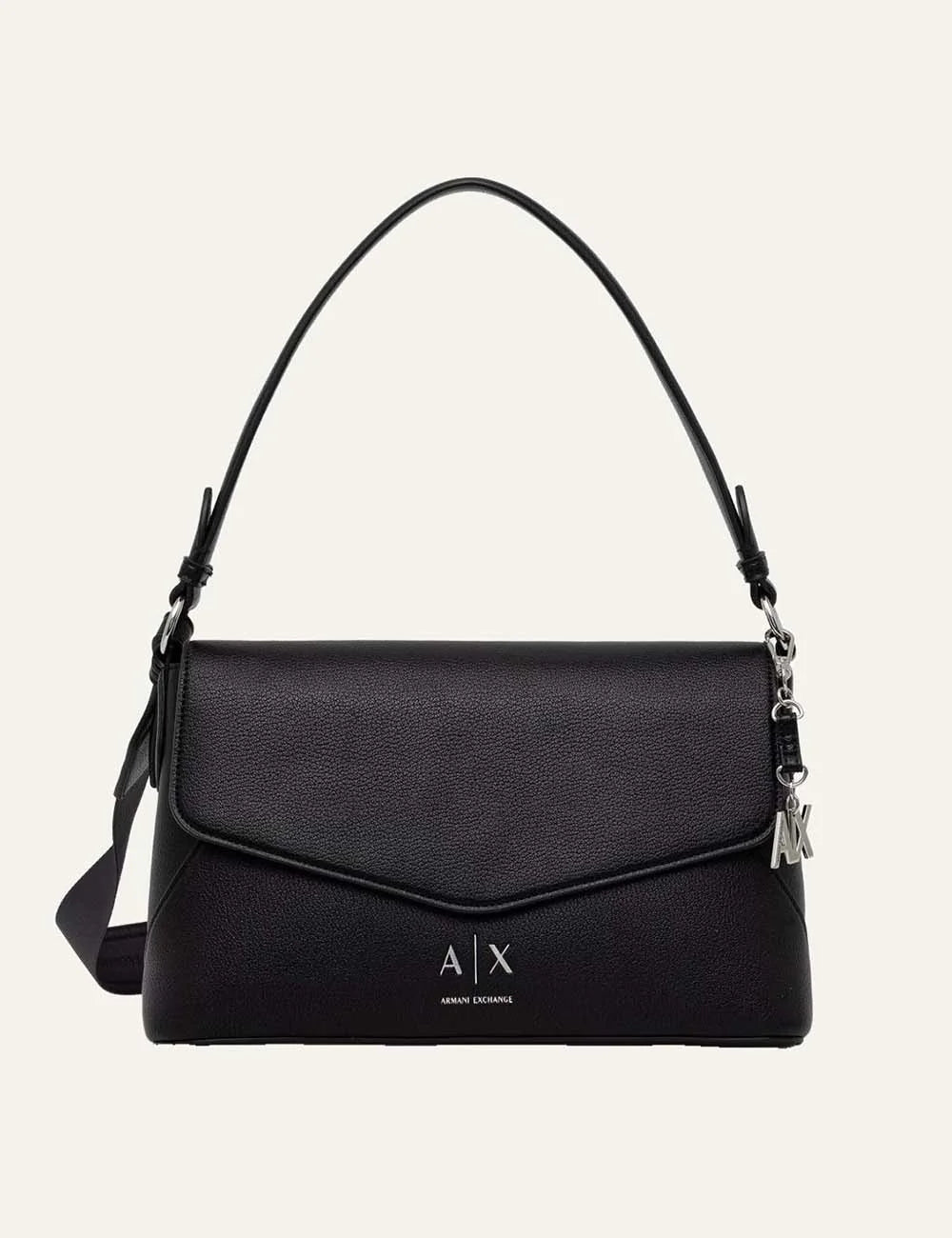 Women's Armani Exchange black shoulder bag with pebbled texture, foldover flap, silver-tone A|X logo, top handle and detachable shoulder strap