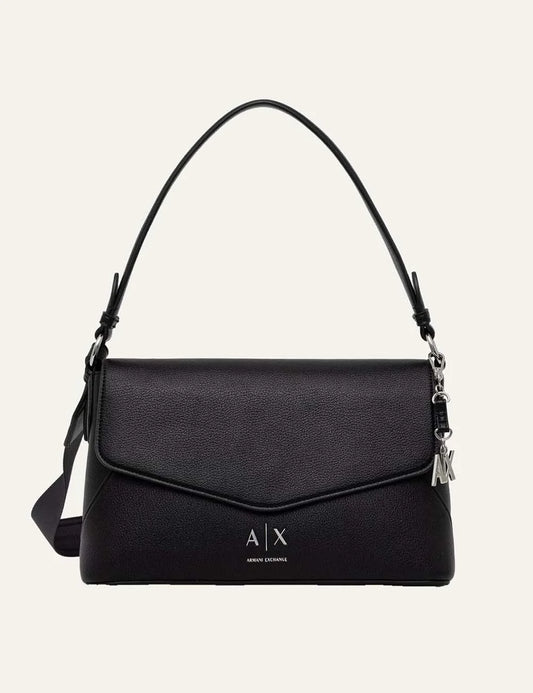 Women's Armani Exchange black shoulder bag with pebbled texture, foldover flap, silver-tone A|X logo, top handle and detachable shoulder strap