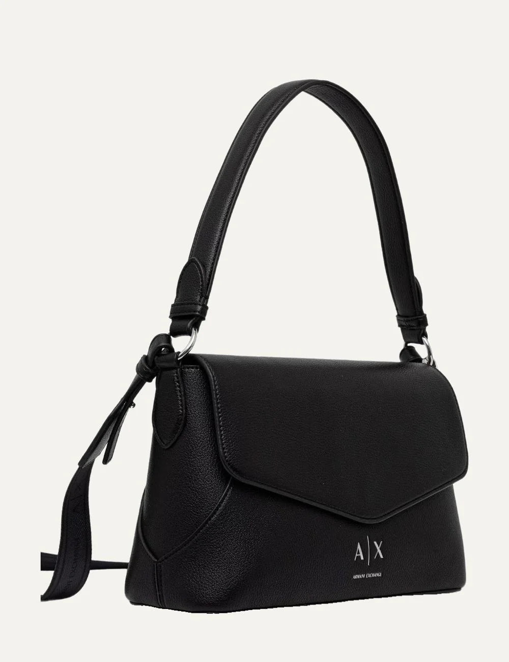 Women's Armani Exchange black shoulder bag with pebbled texture, foldover flap, silver-tone A|X logo, top handle and detachable shoulder strap side