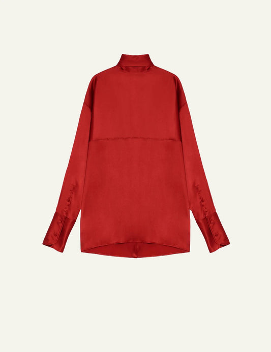 Armarium red silk satin relaxed fit shirt with back button detail front view