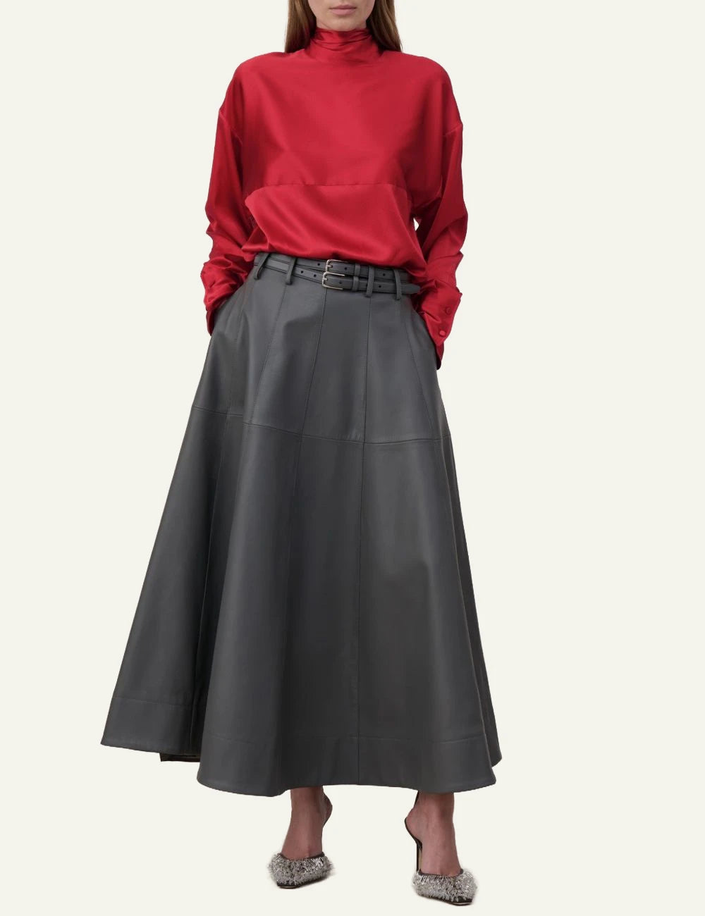 Armarium red silk satin relaxed fit shirt with back button detail front model view