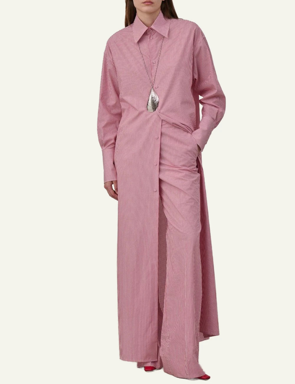 Armarium striped cotton poplin oversized shirt dress red white model front view