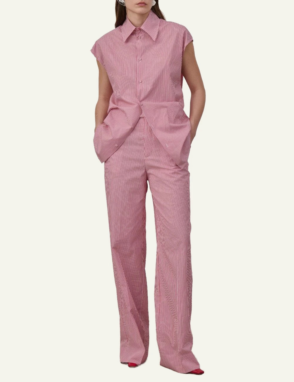 Armarium striped cotton poplin wide leg pants red white front model view