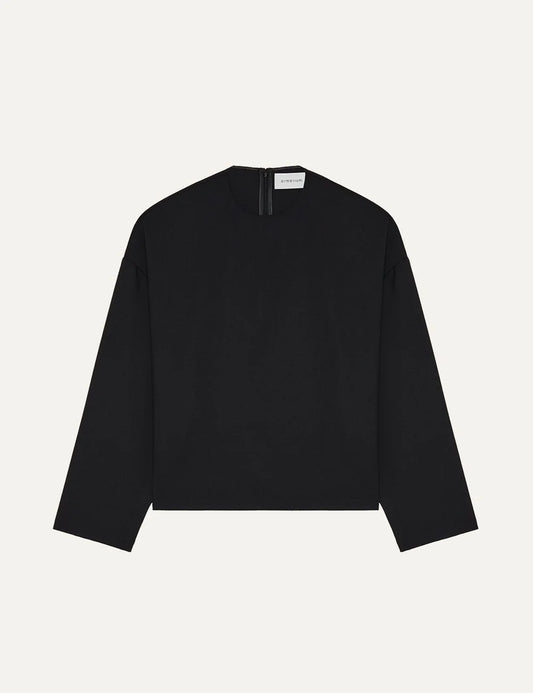 Armarium black relaxed fit lightweight wool top with crew neckline, dropped shoulders and long sleeves