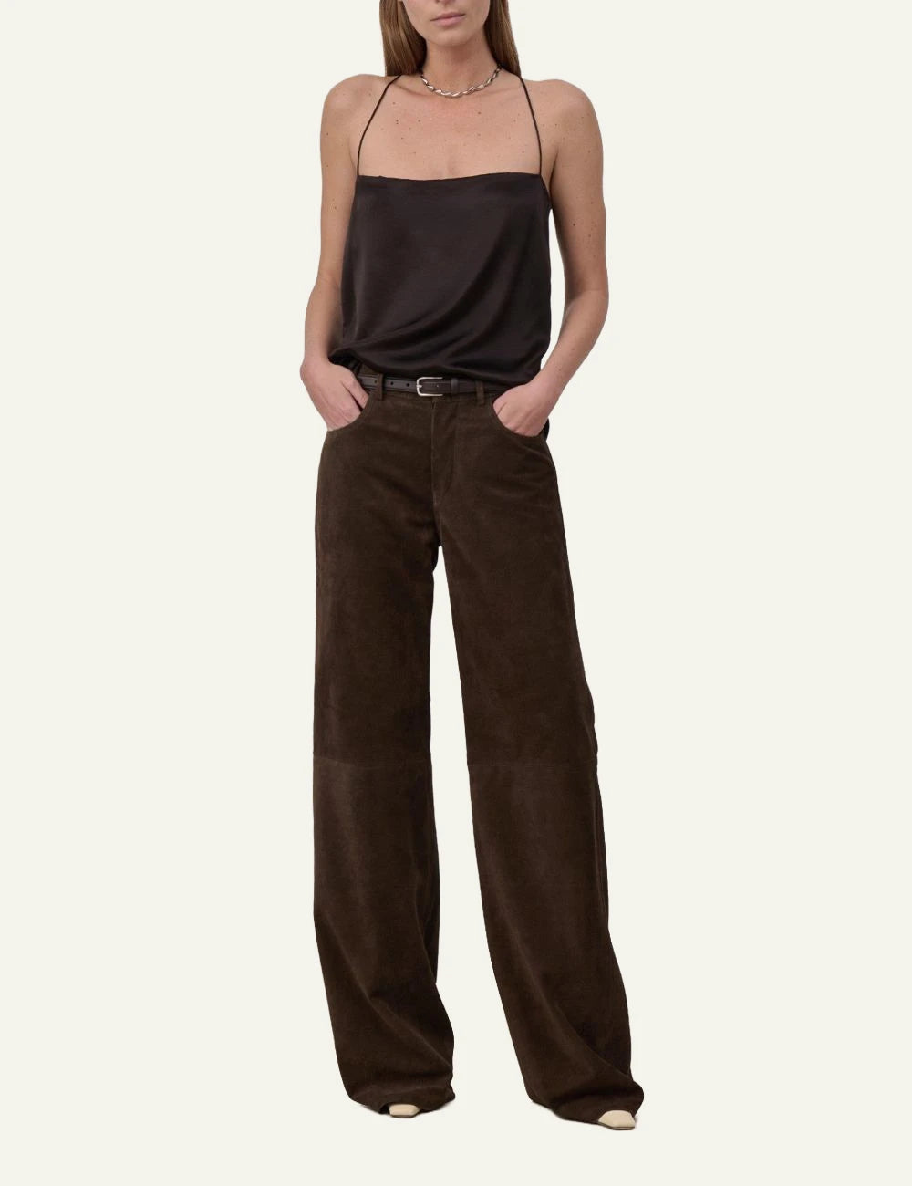 Armarium viscose draped top chocolate cross back straps front model view