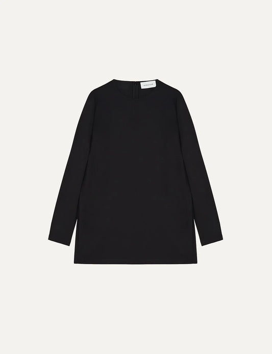 Armarium black lightweight wool long sleeve top with crew neckline, straight silhouette and deep side slits