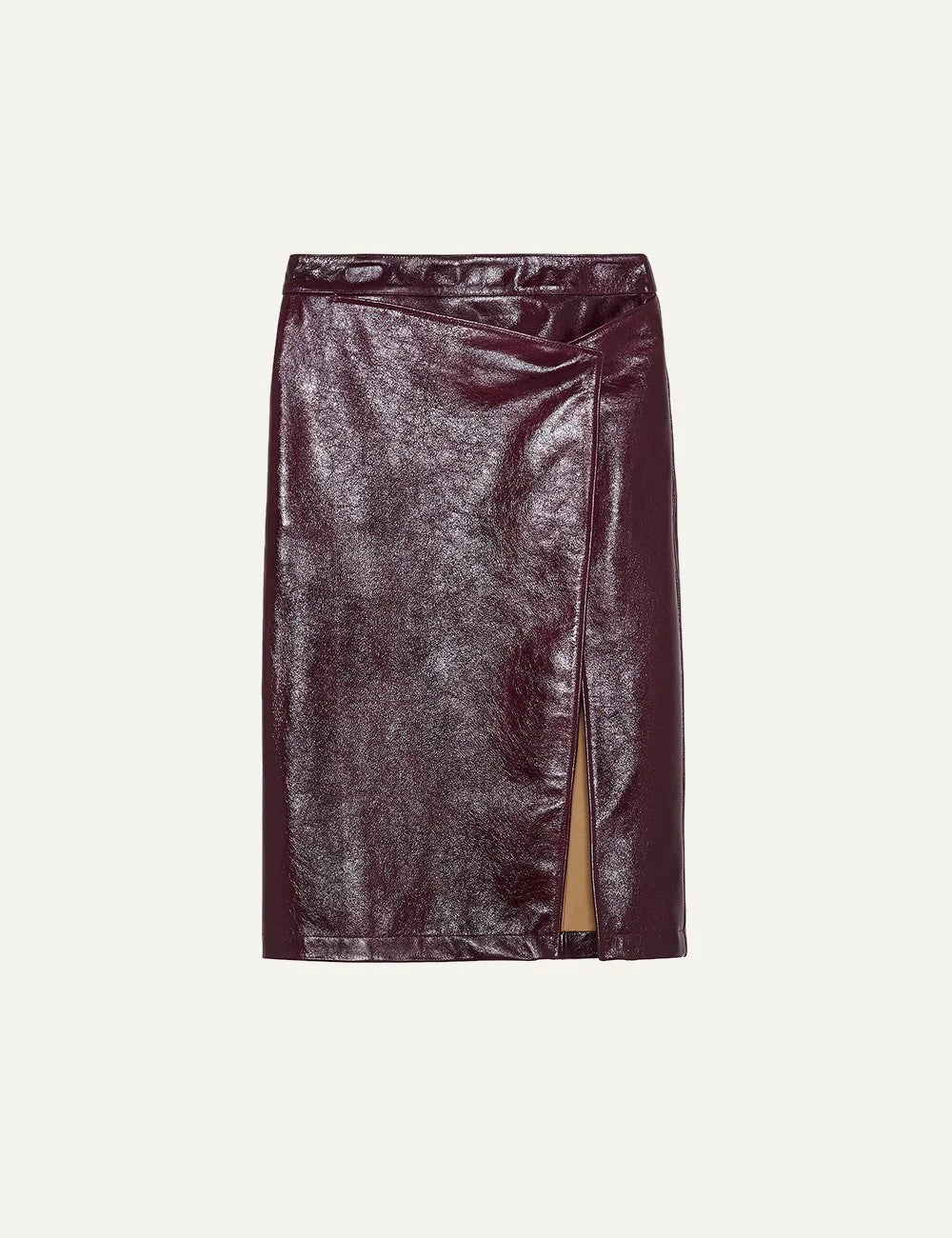 Armarium burgundy glossy leather midi skirt with asymmetric overlapping front panel and exposed zipper