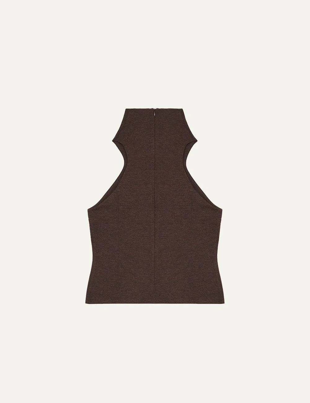 Women's Armarium dark brown halter neck jersey top with high collar, deep neckline and fitted silhouette