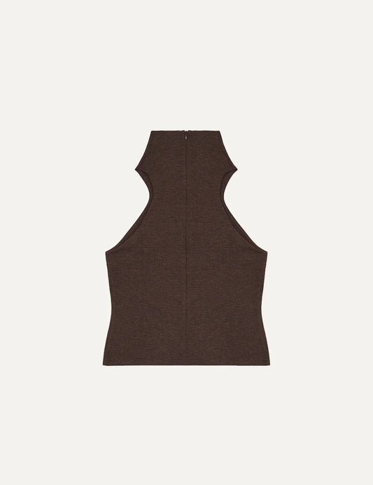 Women's Armarium dark brown halter neck jersey top with high collar, deep neckline and fitted silhouette