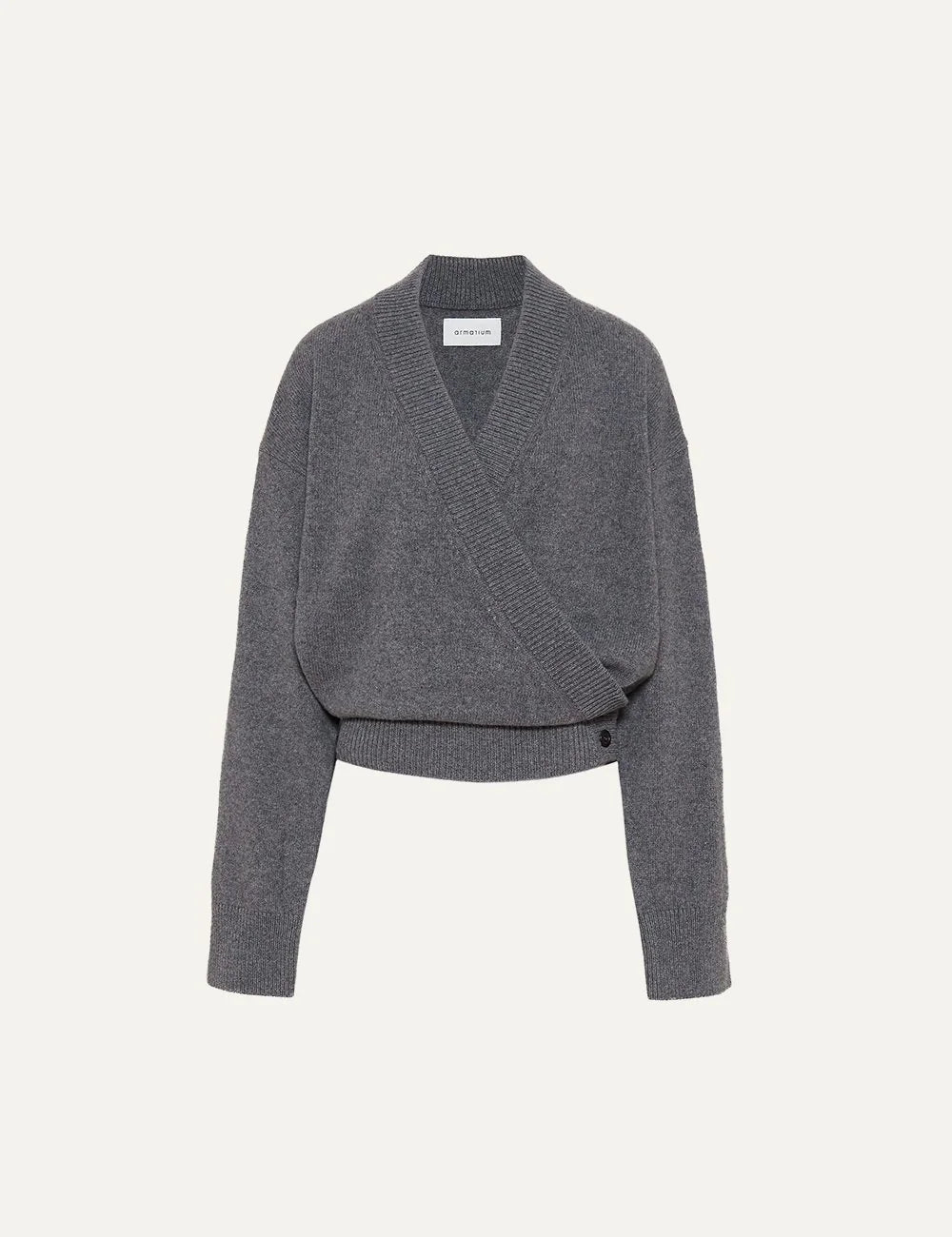 Armarium grey wool and cashmere cropped wrap cardigan with V-neck, long sleeves and button fastening