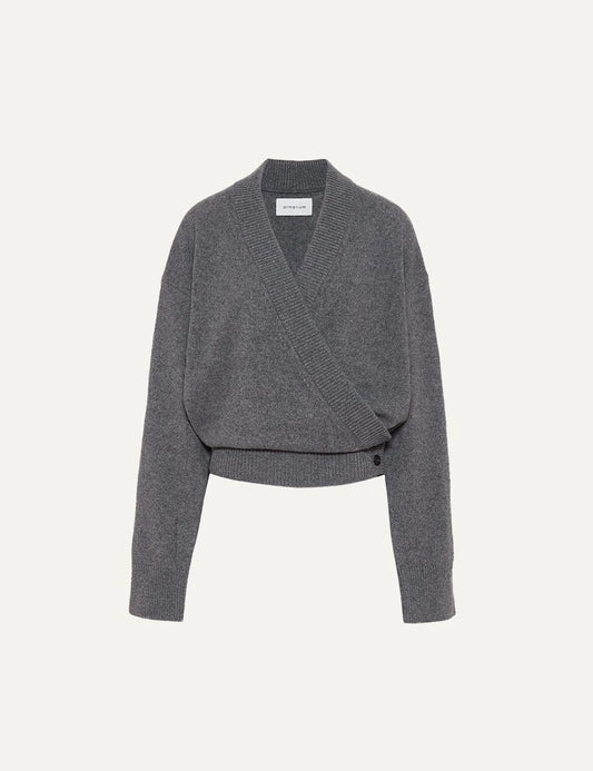 Armarium grey wool and cashmere cropped wrap cardigan with V-neck, long sleeves and button fastening