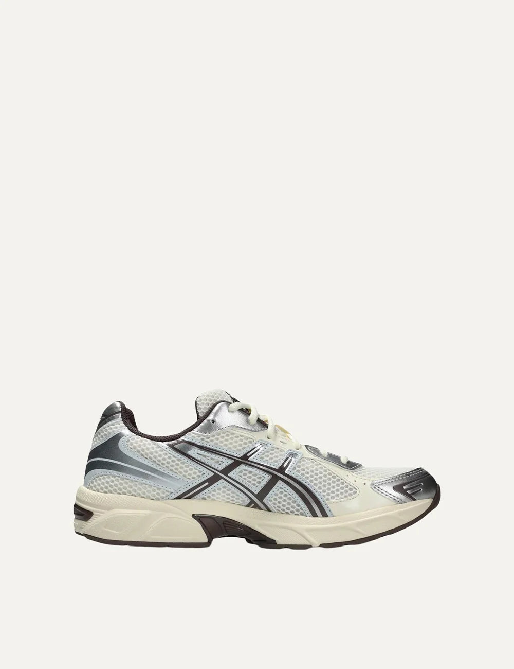 ASICS GEL-1130 cream silver and dark brown mesh sneakers