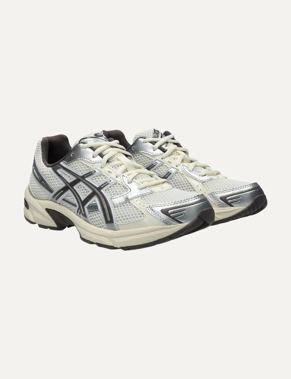 ASICS GEL-1130 cream silver and dark brown mesh sneakers angled