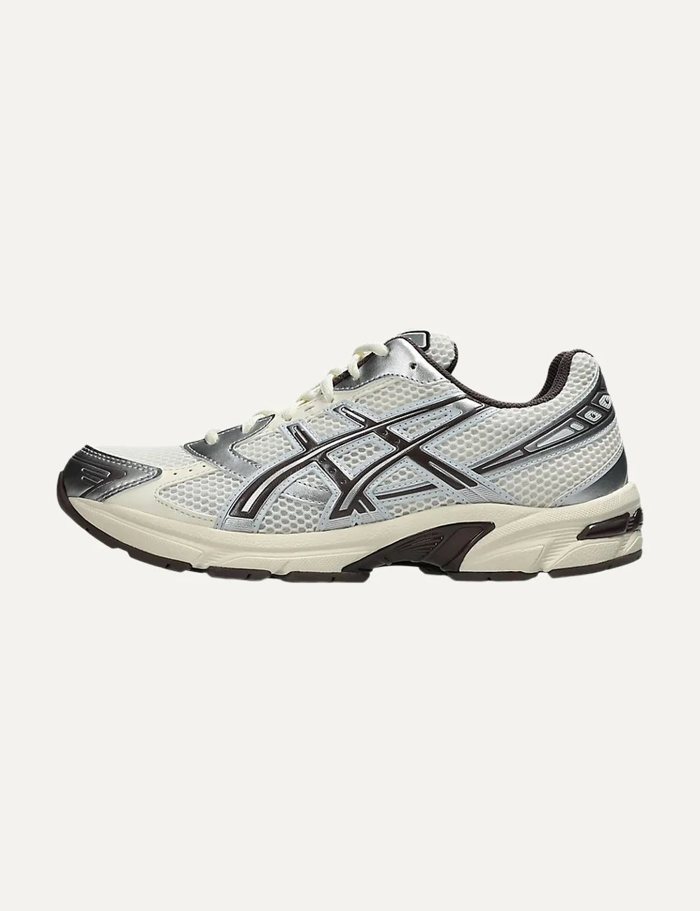 ASICS GEL-1130 cream silver and dark brown mesh sneakers profile