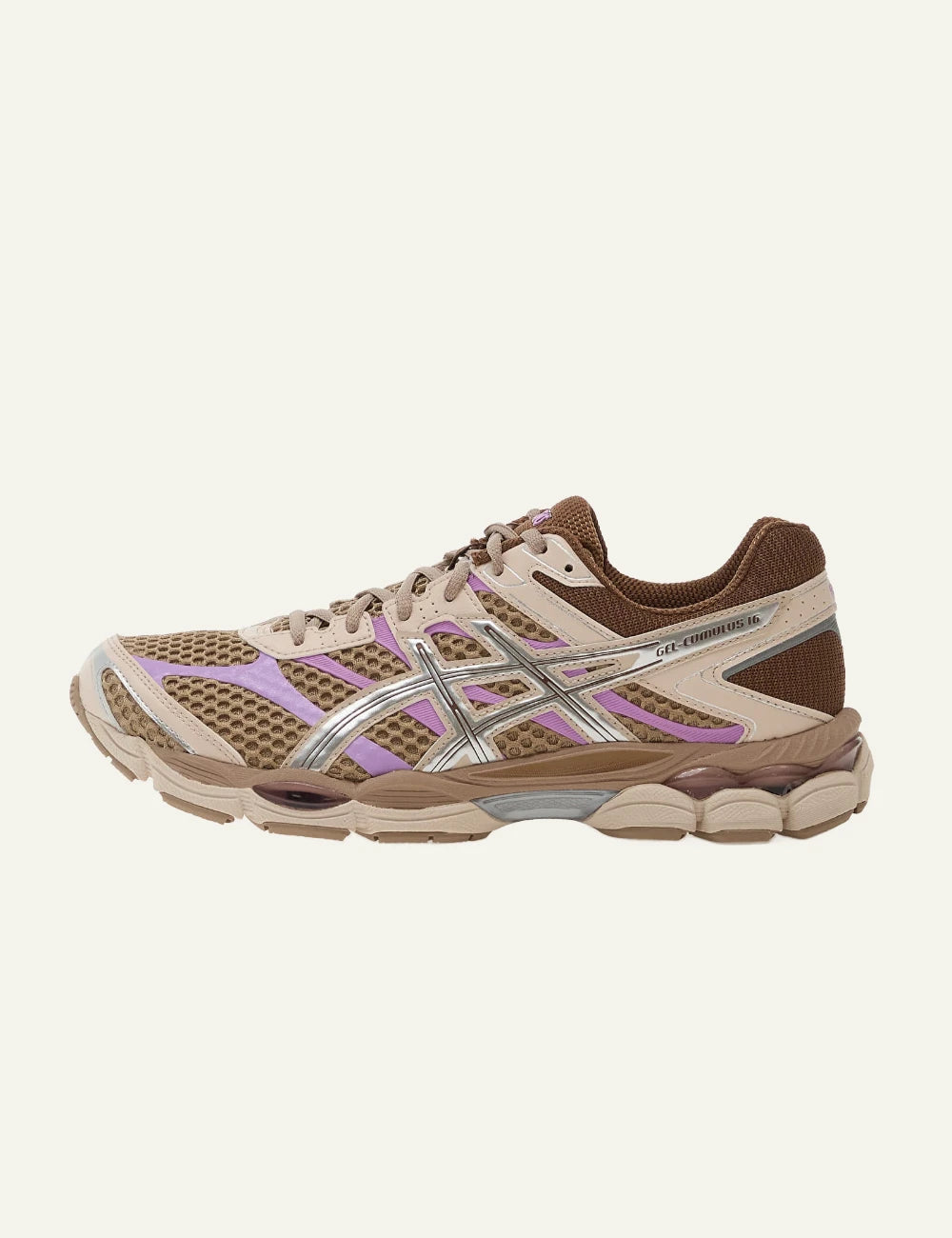 asics gel cumulus 16 sneakers beige mesh lilac silver side view