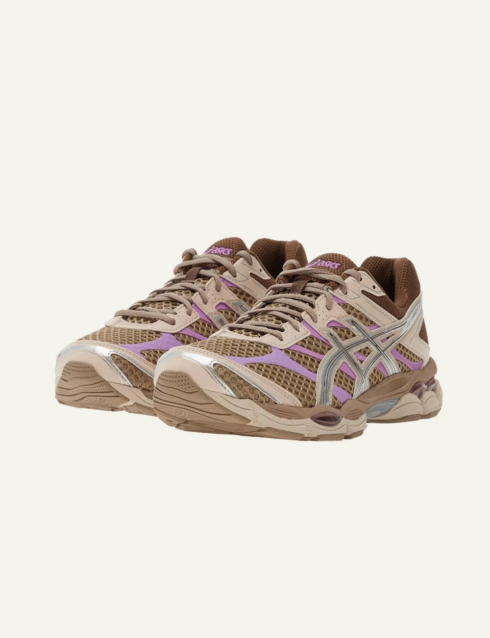 asics gel cumulus 16 sneakers beige mesh lilac silver angled view