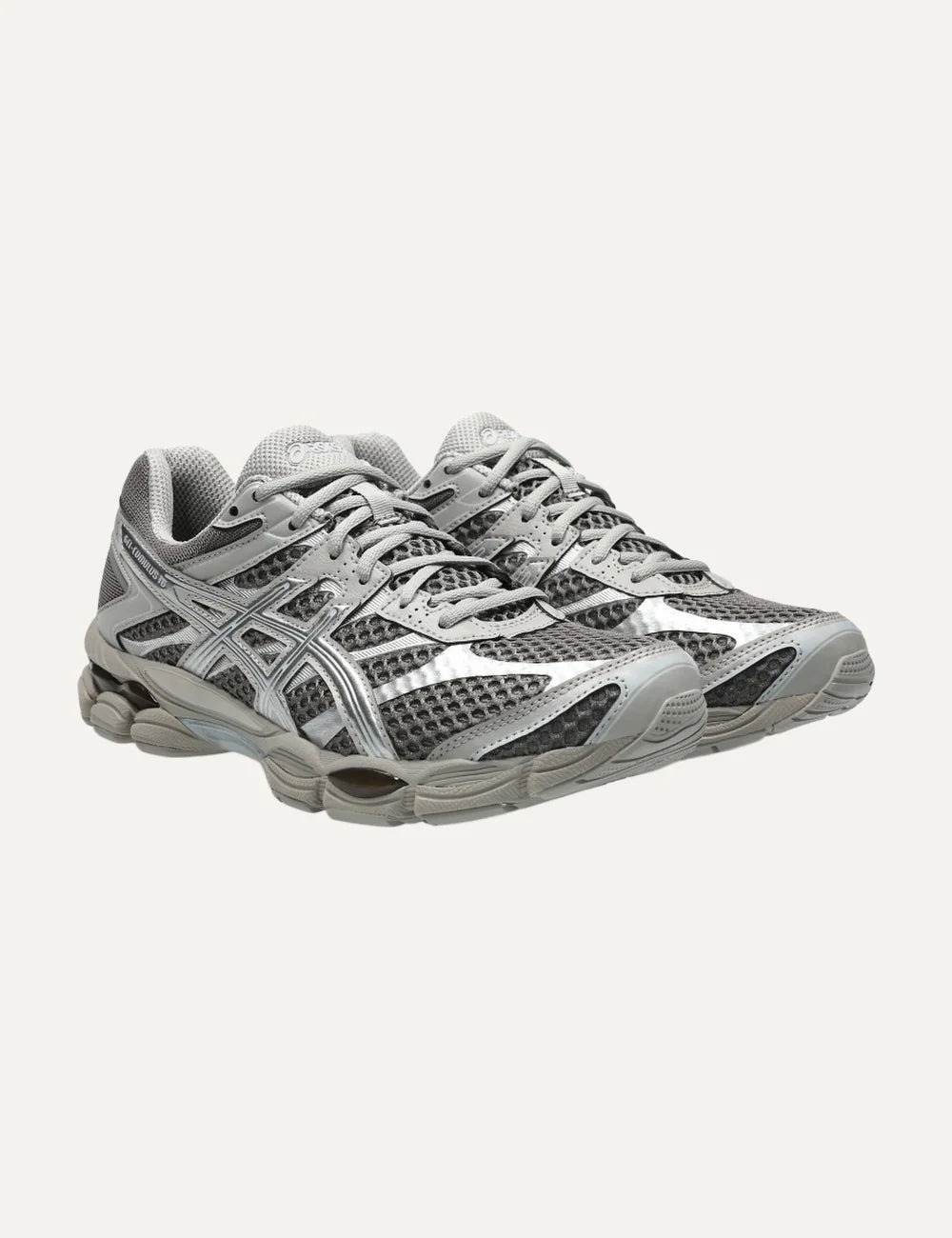 ASICS GEL-CUMULUS 16 silver and charcoal mesh sneakers with metallic overlays angled