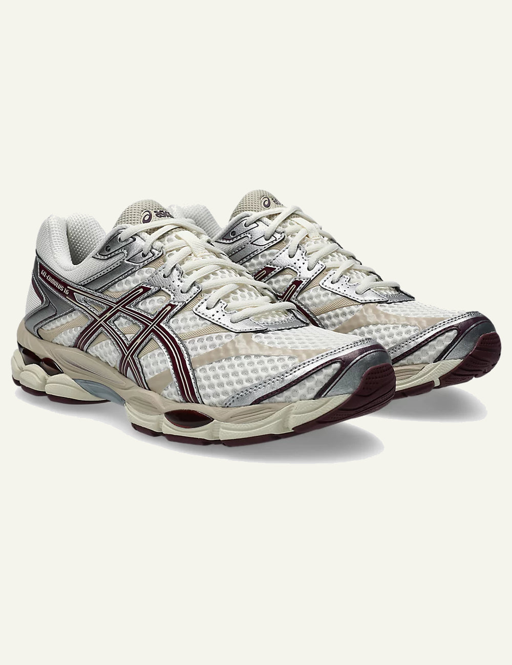 Asics Gel Cumulus 16 sneakers white burgundy angled view