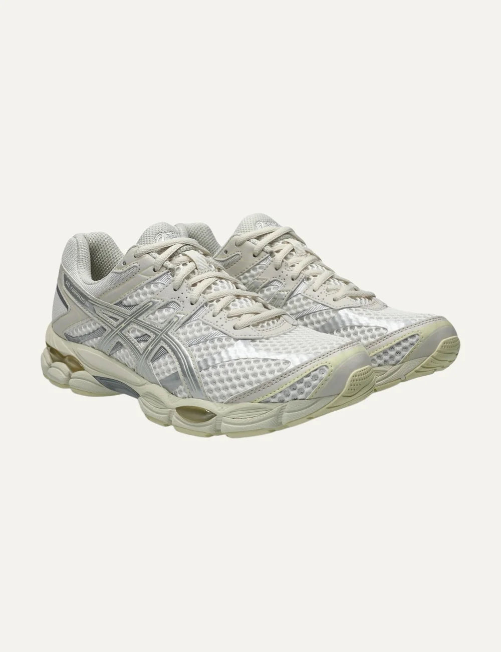 ASICS GEL-CUMULUS 16 white and silver mesh sneakers with metallic overlays angled