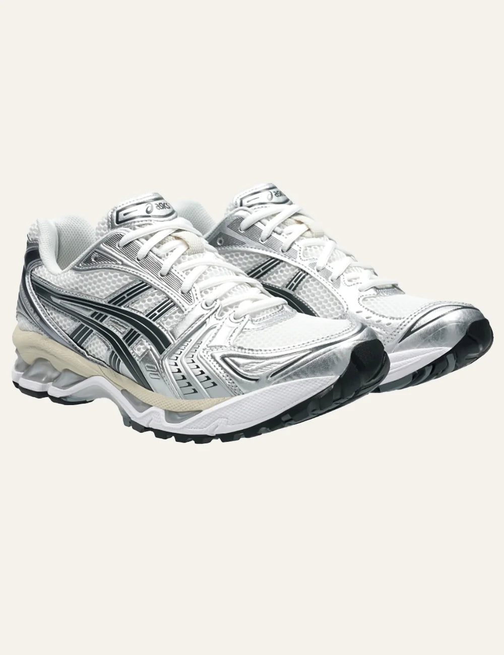 ASICS GEL-KAYANO 14 white silver and black mesh sneakers angled