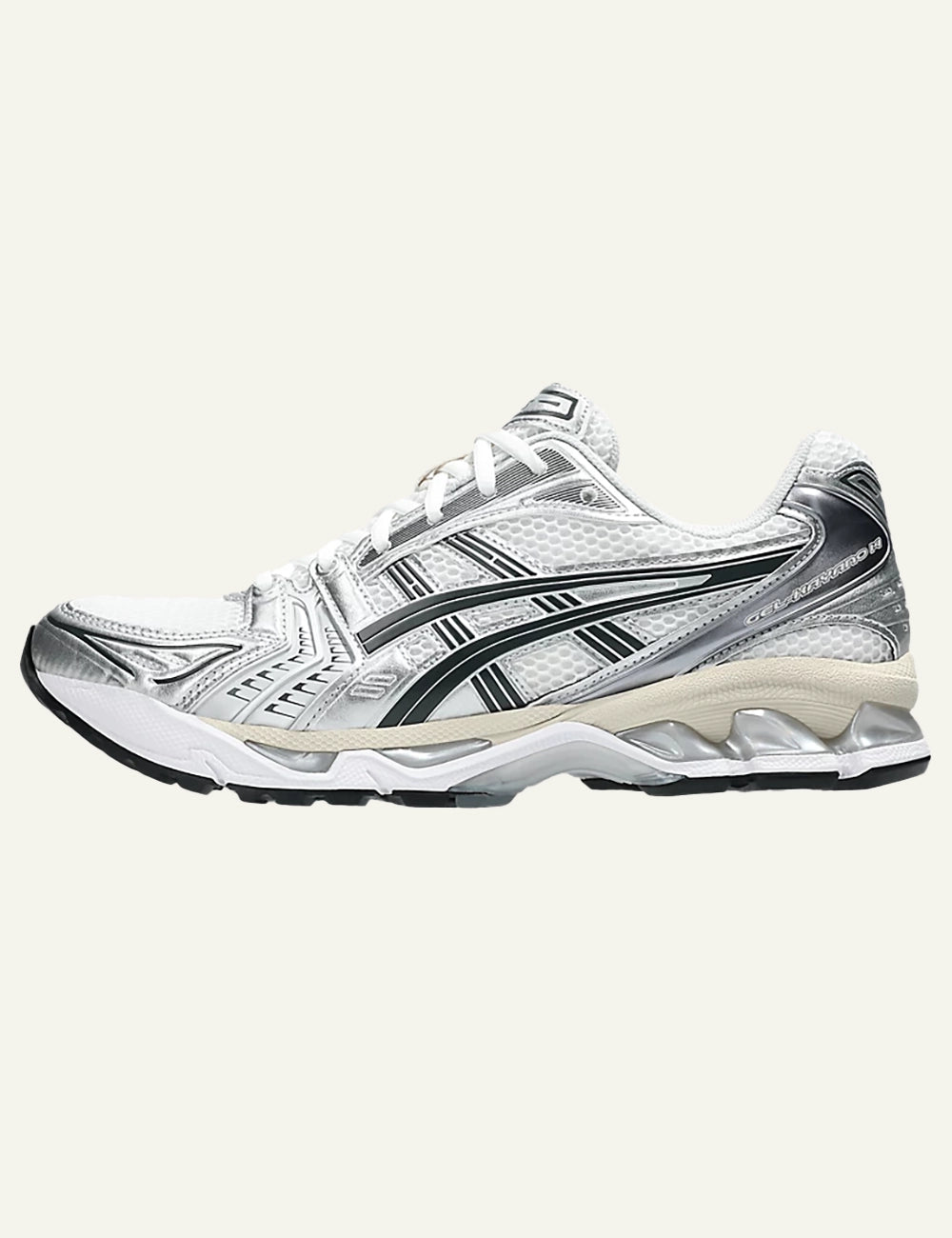 ASICS GEL-KAYANO 14 white silver and black mesh sneakers profile