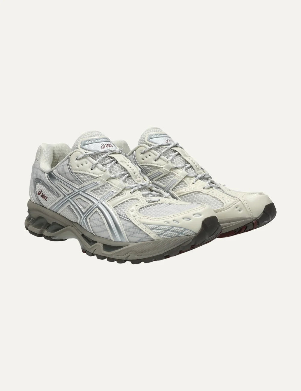 ASICS GEL-NIMBUS 10.1 cream silver and brown mesh sneakers angled