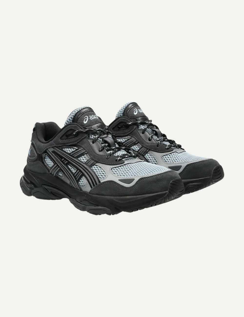 ASICS GEL-NYC 2.0 grey charcoal and light blue sneakers with mesh and reflective details angled