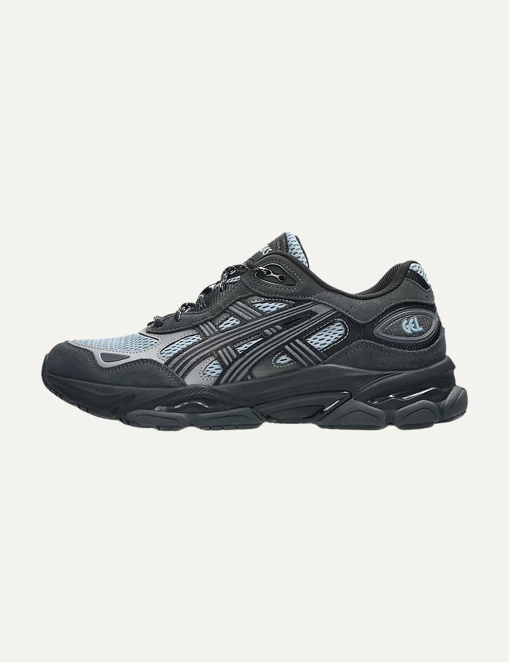 ASICS GEL-NYC 2.0 grey charcoal and light blue sneakers with mesh and reflective details profile