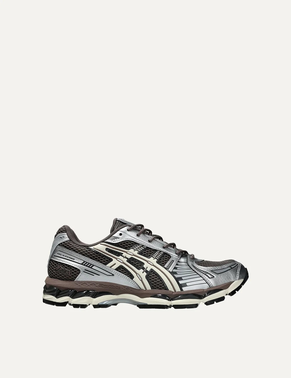 ASICS x KITH GEL-KAYANO 12.1 silver brown and off-white sneakers with mesh and metallic details