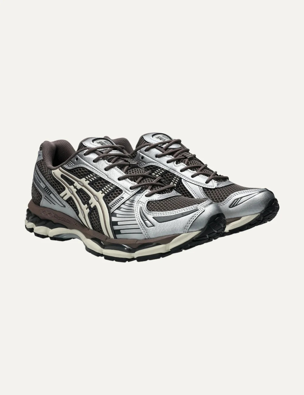 ASICS x KITH GEL-KAYANO 12.1 silver brown and off-white sneakers with mesh and metallic details profile