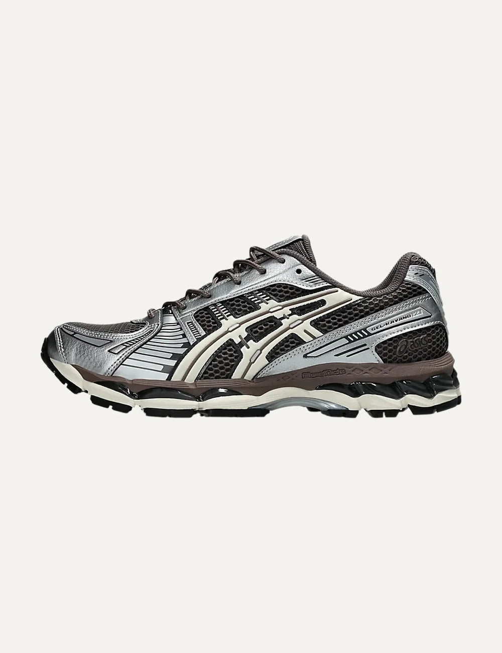 ASICS x KITH GEL-KAYANO 12.1 silver brown and off-white sneakers with mesh and metallic details profile