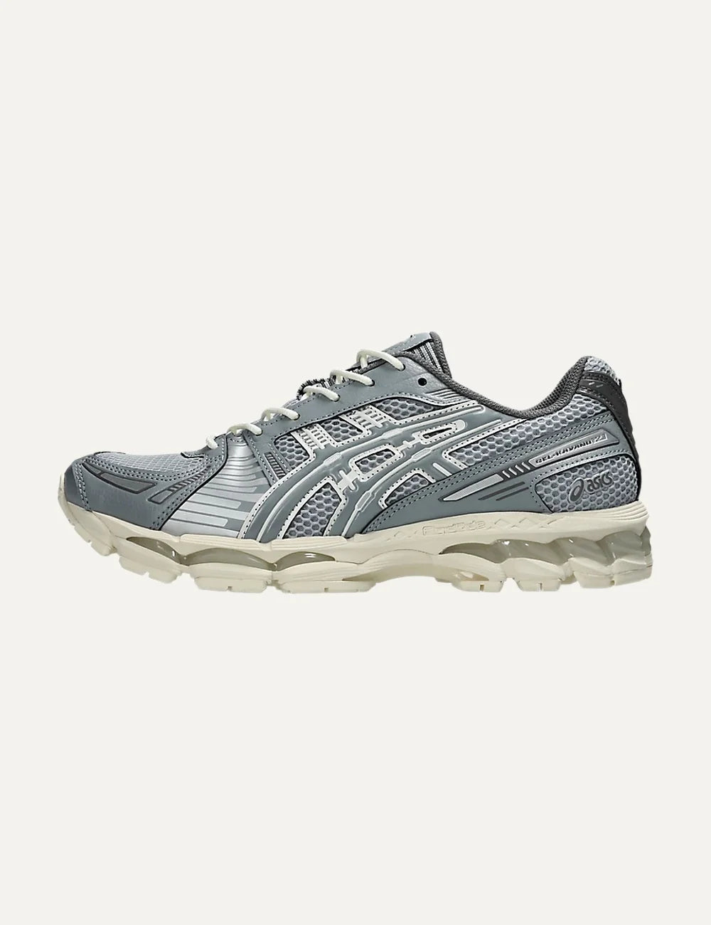 ASICS x KITH GEL-KAYANO 12.1 women's grey and off-white sneakers with mesh and metallic details profile