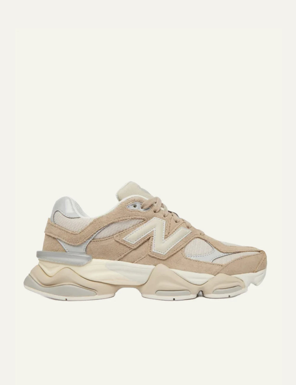 New Balance 9060 women's beige suede and mesh sneakers side view