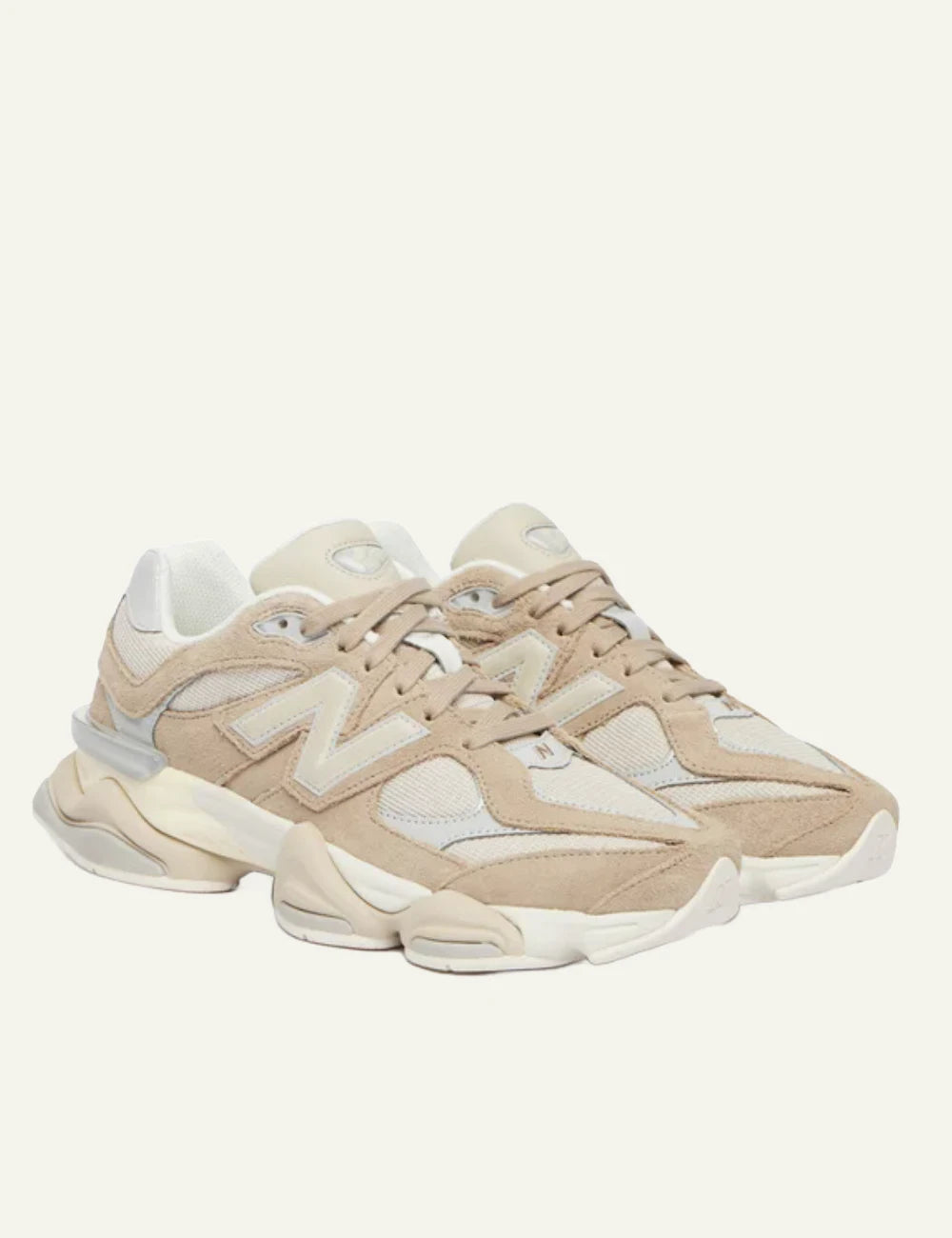 New Balance 9060 women's beige suede and mesh sneakers pair view