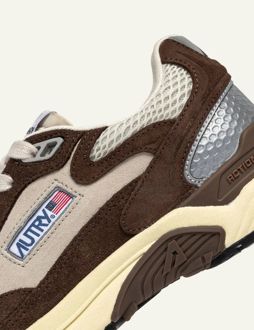 Autry Hyperway sneakers brown beige mesh suede side detail view