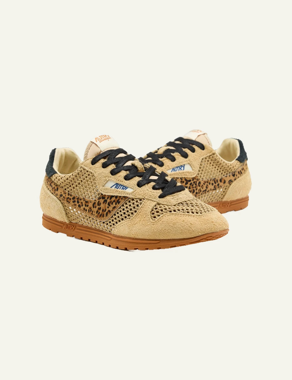 Autry low sneaker beige suede mesh leopard side stripe side pair view