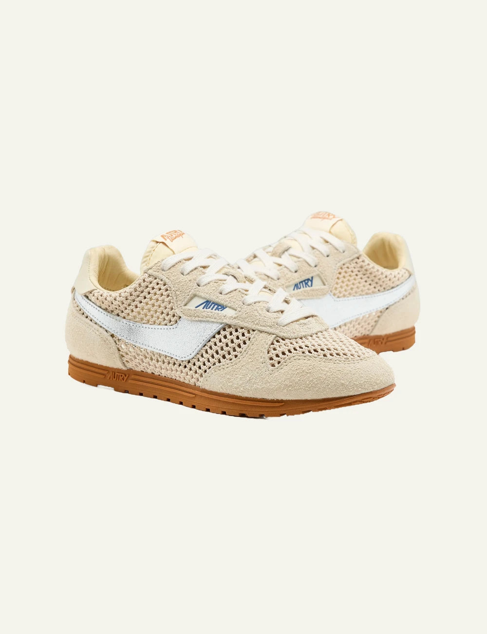 Autry low sneaker beige suede mesh silver side stripe side pair view