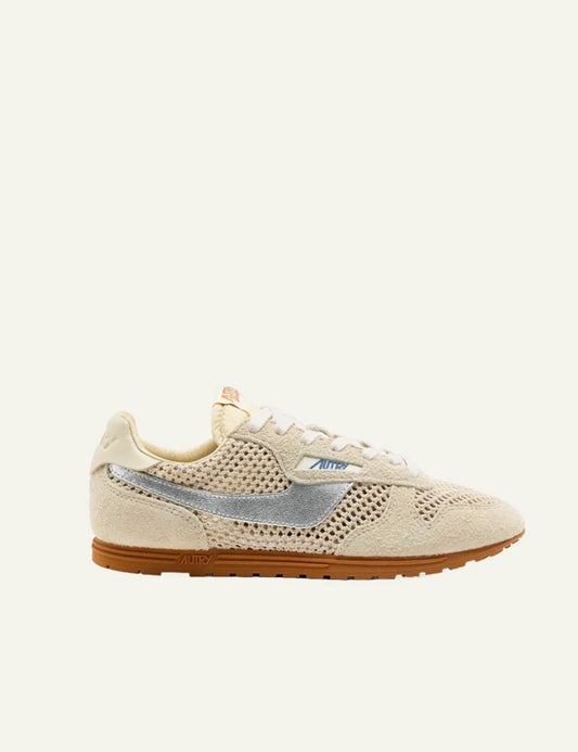 Autry low sneaker beige suede mesh silver side stripe side view