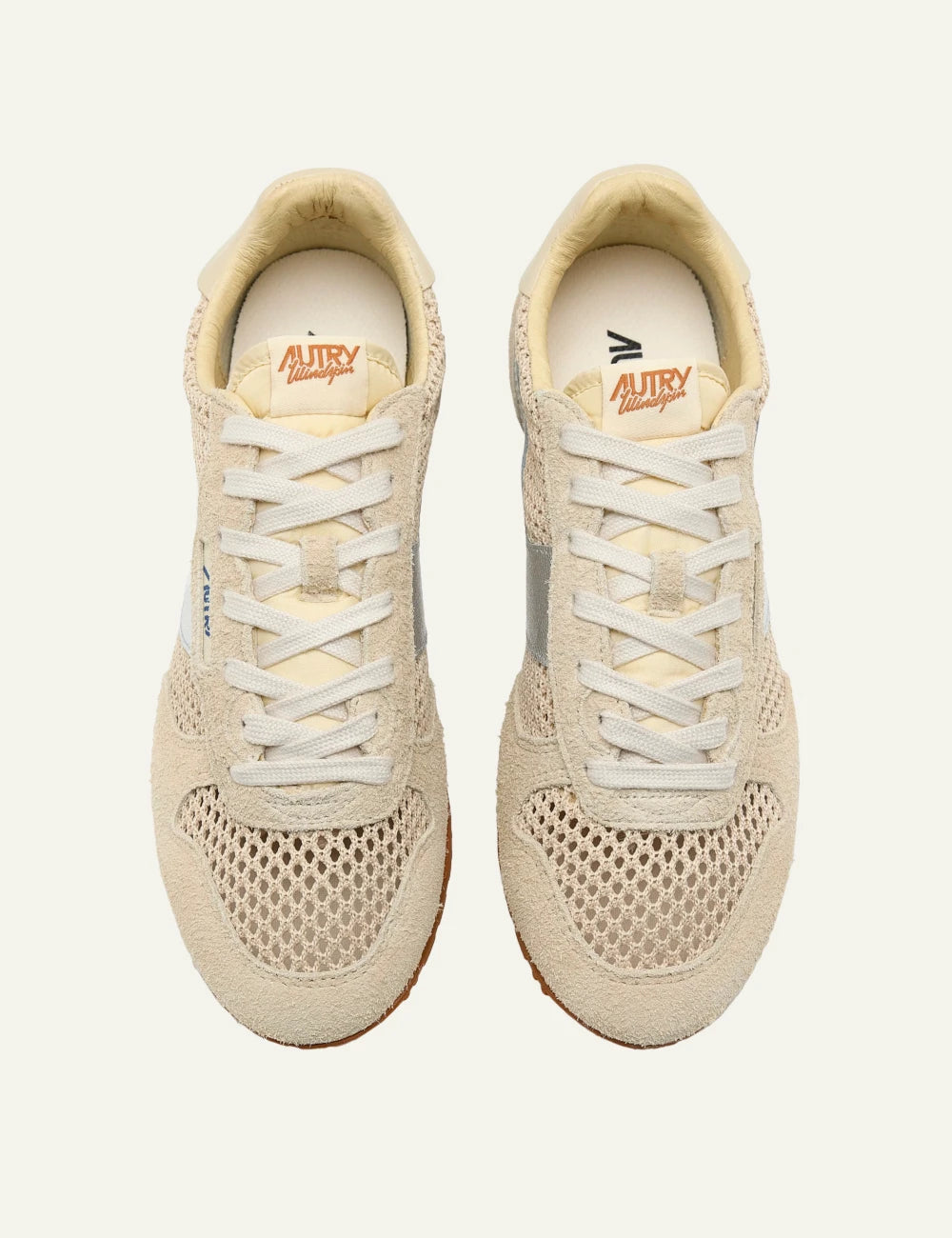 Autry low sneaker beige suede mesh silver side stripe top pair view