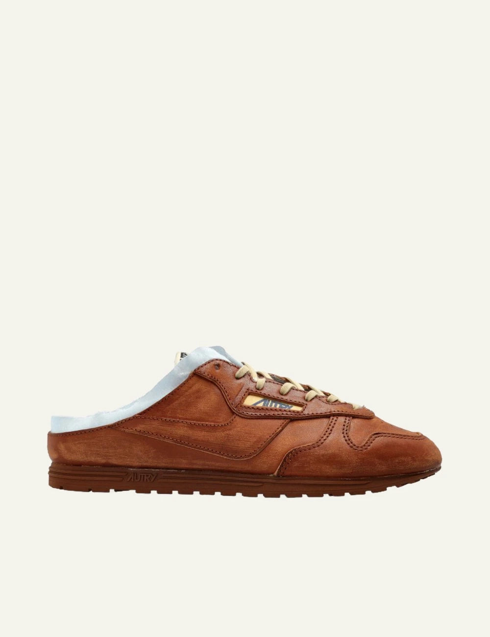 Autry low mule sneaker brown leather with shearling lining side view