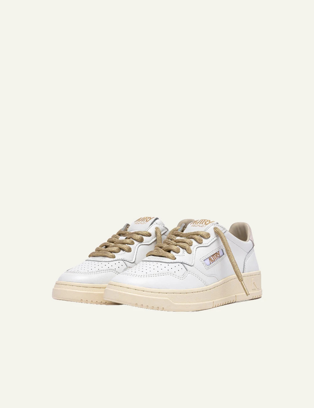 Autry Medalist low sneaker white leather gold lurex laces side pair view