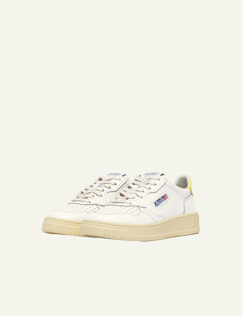 Autry Medalist low sneaker white leather lemon yellow heel detail side pair view