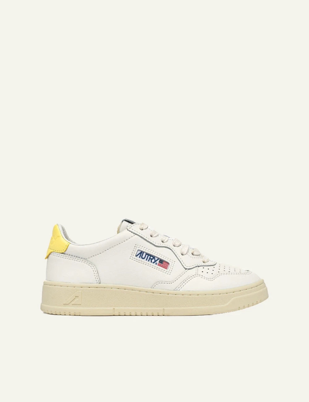 Autry Medalist low sneaker white leather lemon yellow heel detail side view