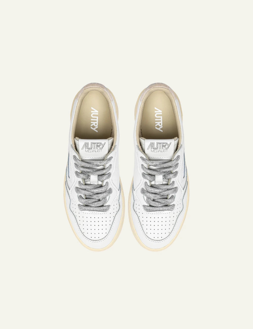 Autry Medalist low sneaker white leather silver lurex laces top pair view