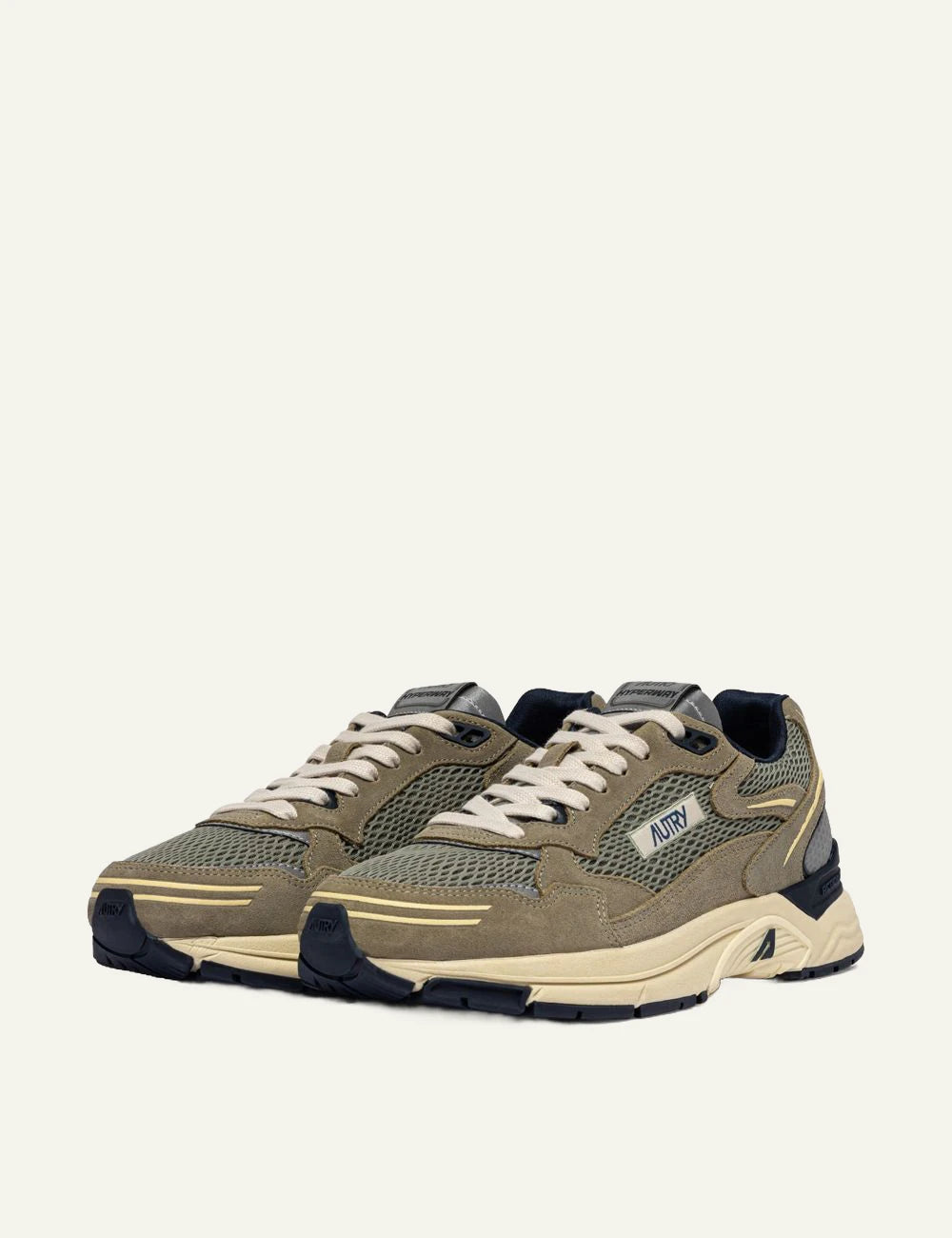Autry men’s sage green suede and mesh sneakers with navy details profile